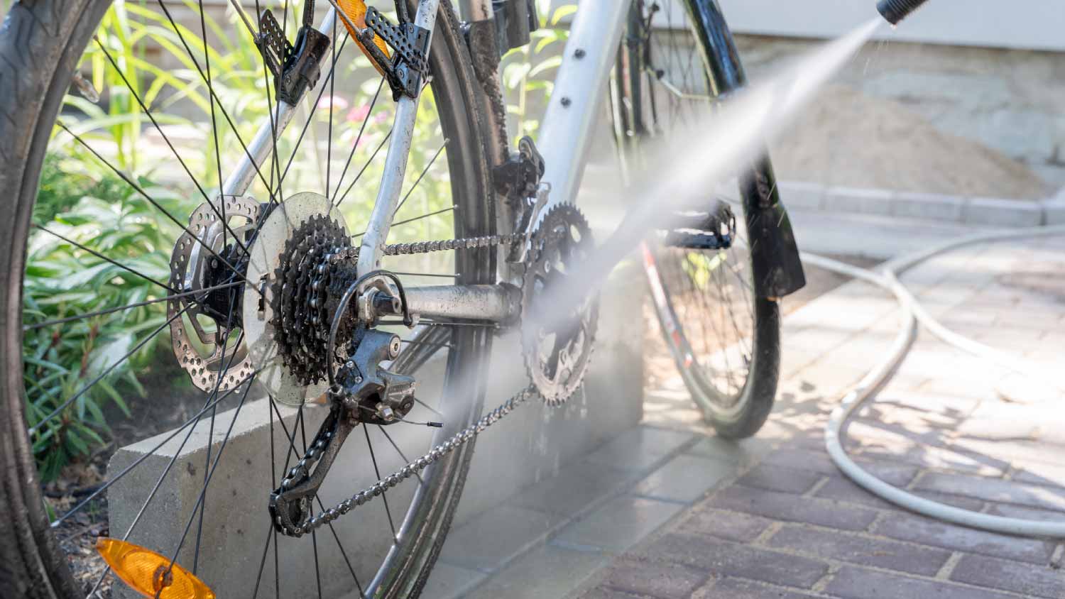 Washing bicycle with water high-pressure