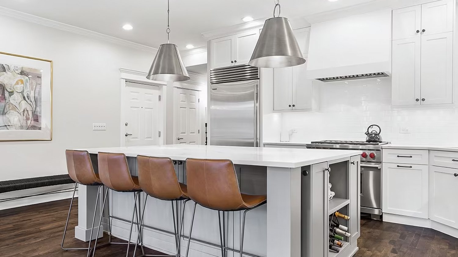 White luxury kitchen with gray island