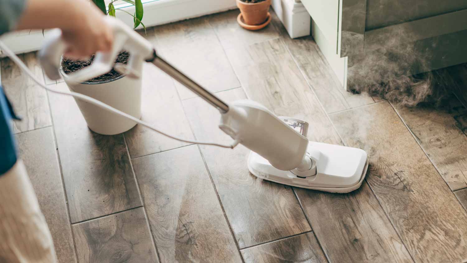 Woman cleaning floor with steam mop