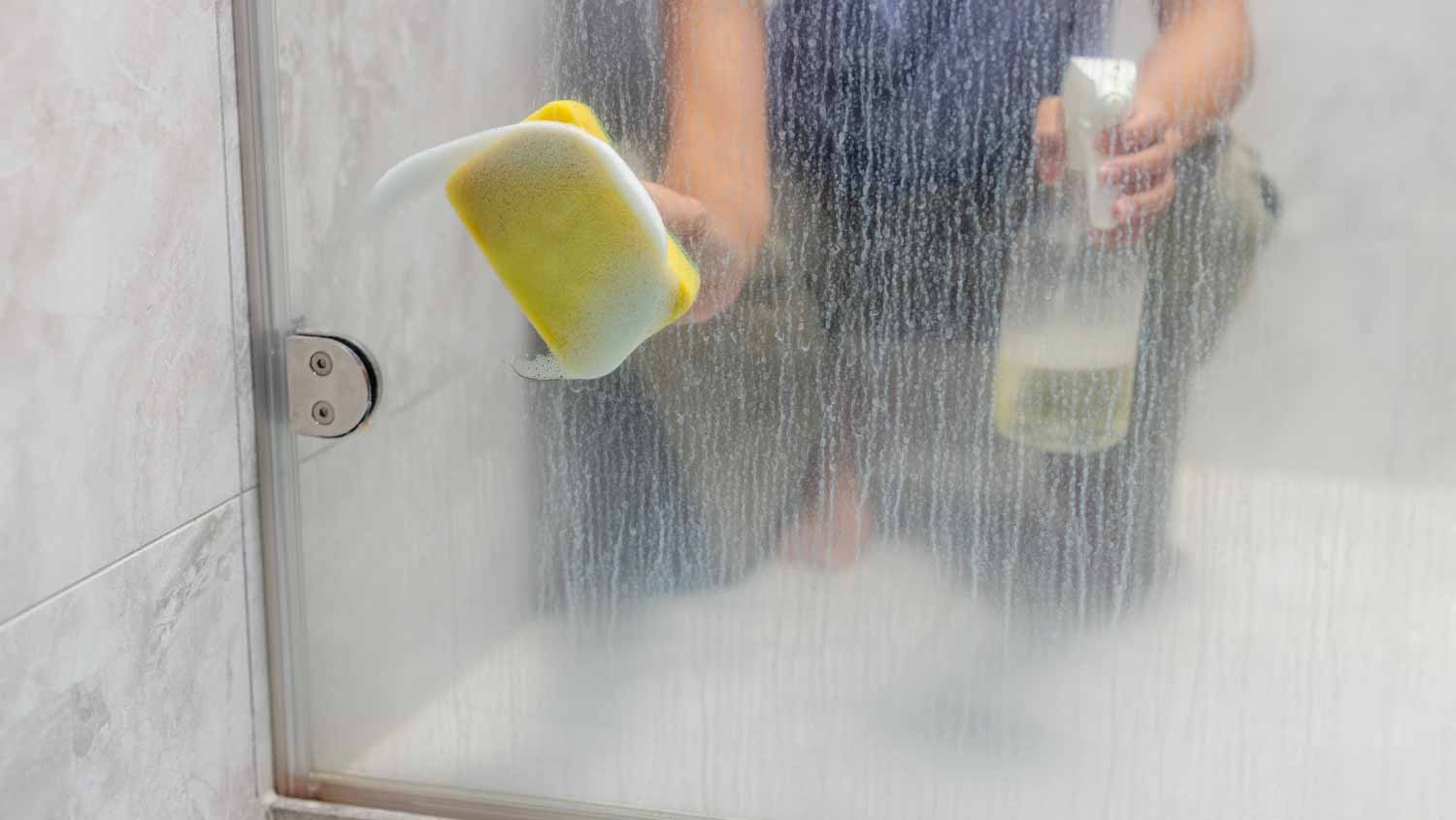 Woman removing hard water stain