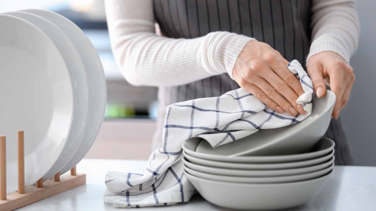 Woman wiping plate with towel in kitchen