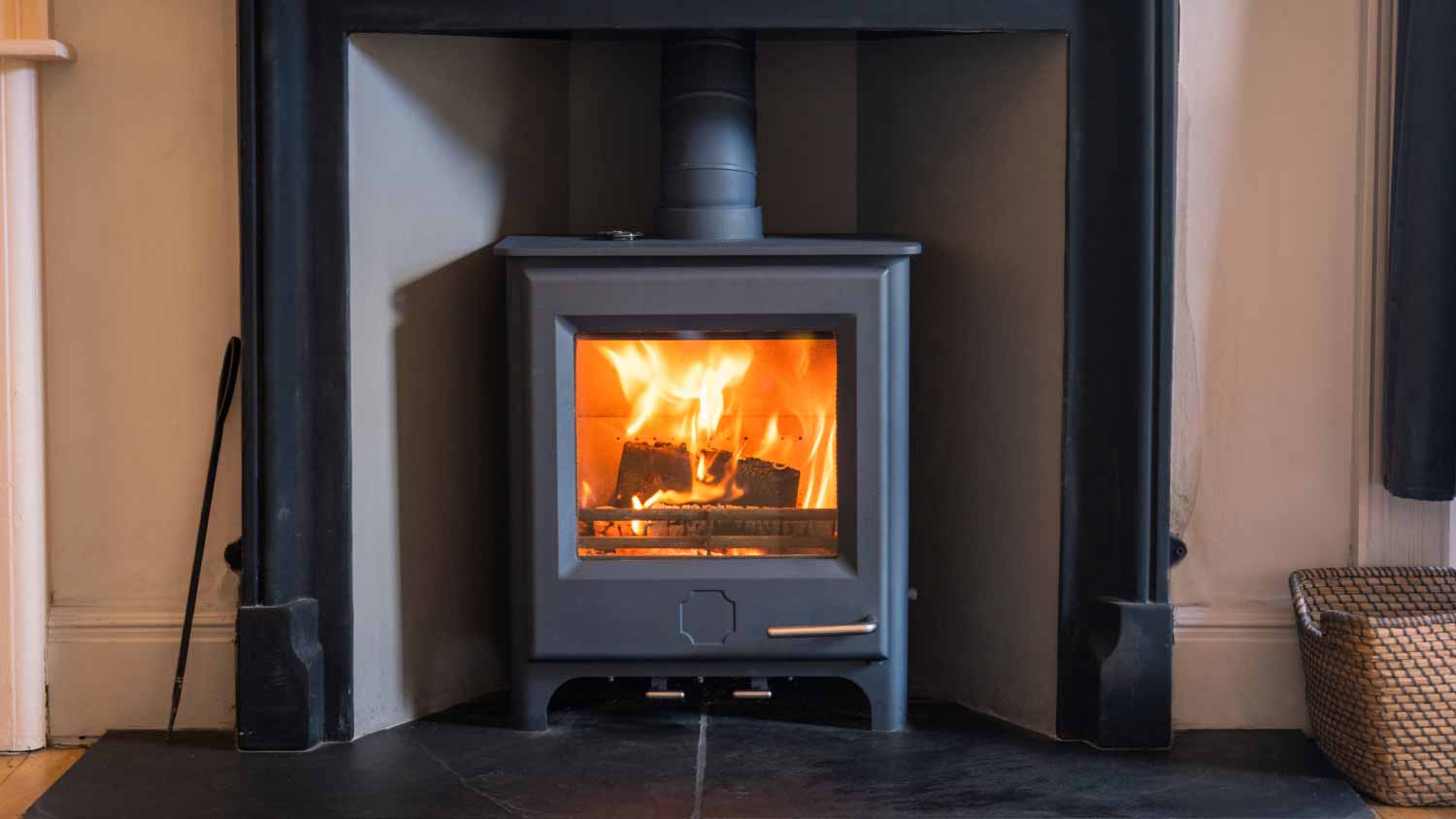 Wood burning stove in living room