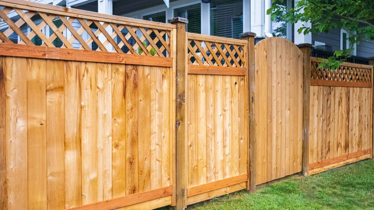 Wooden fence with green lawn 