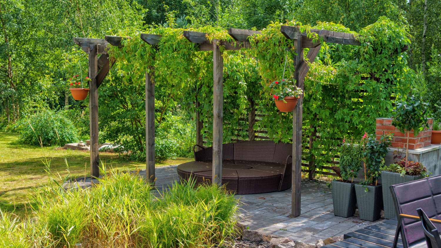 Wooden pergola in a green garden