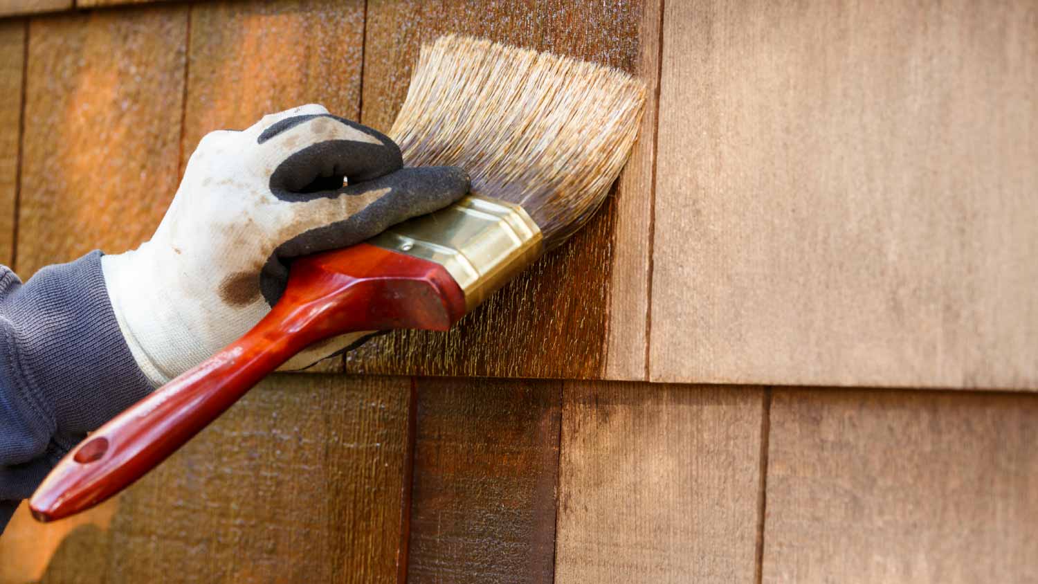 Worker applying stain to cedar wood