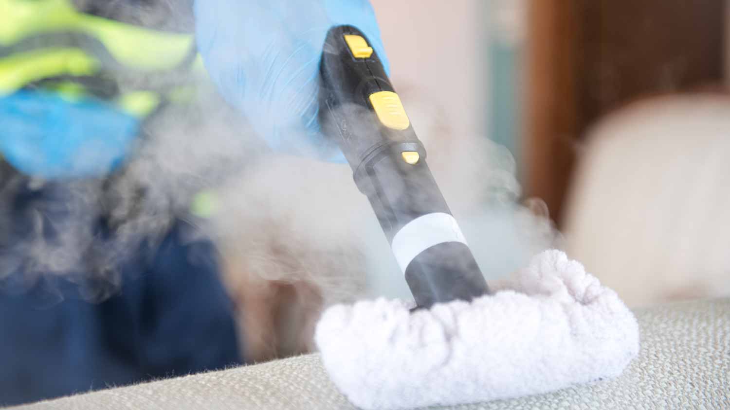 Worker cleaning with a steam cleaner