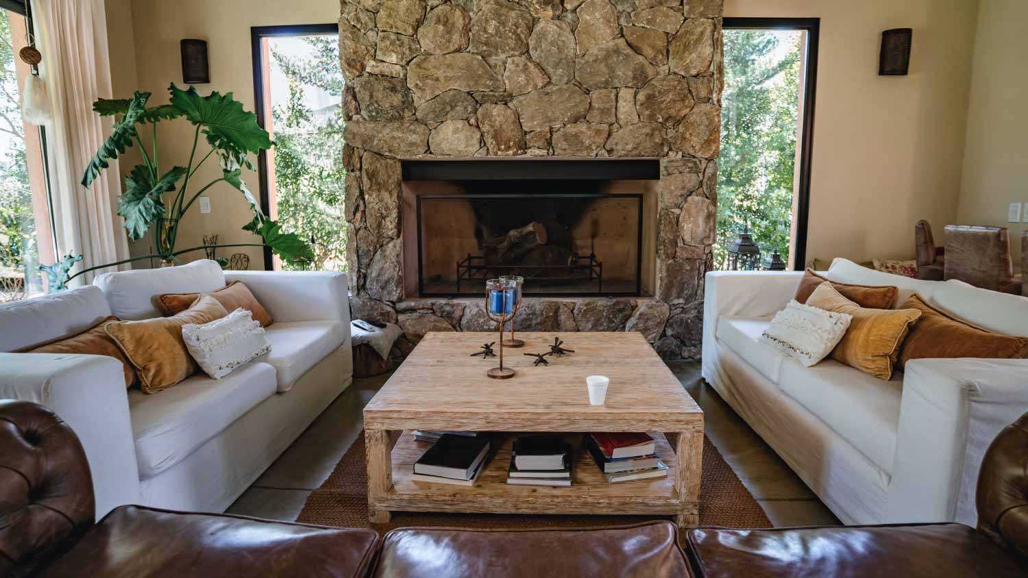 Living room with a large fireplace