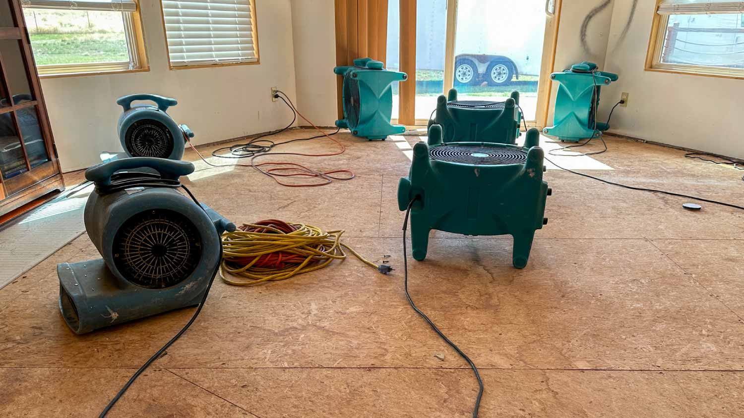 Air movers and a dehumidifier drying a home