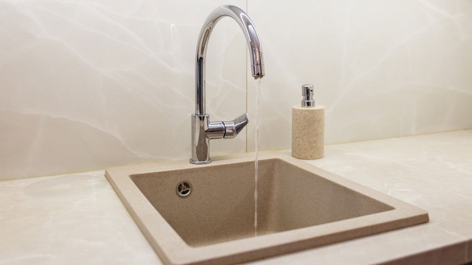 modern  beige quartz kitchen sink