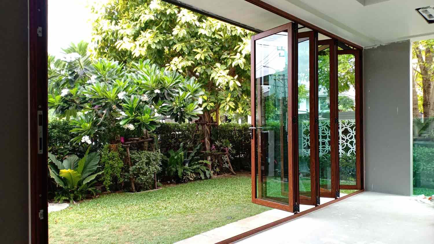 brown folding patio doors