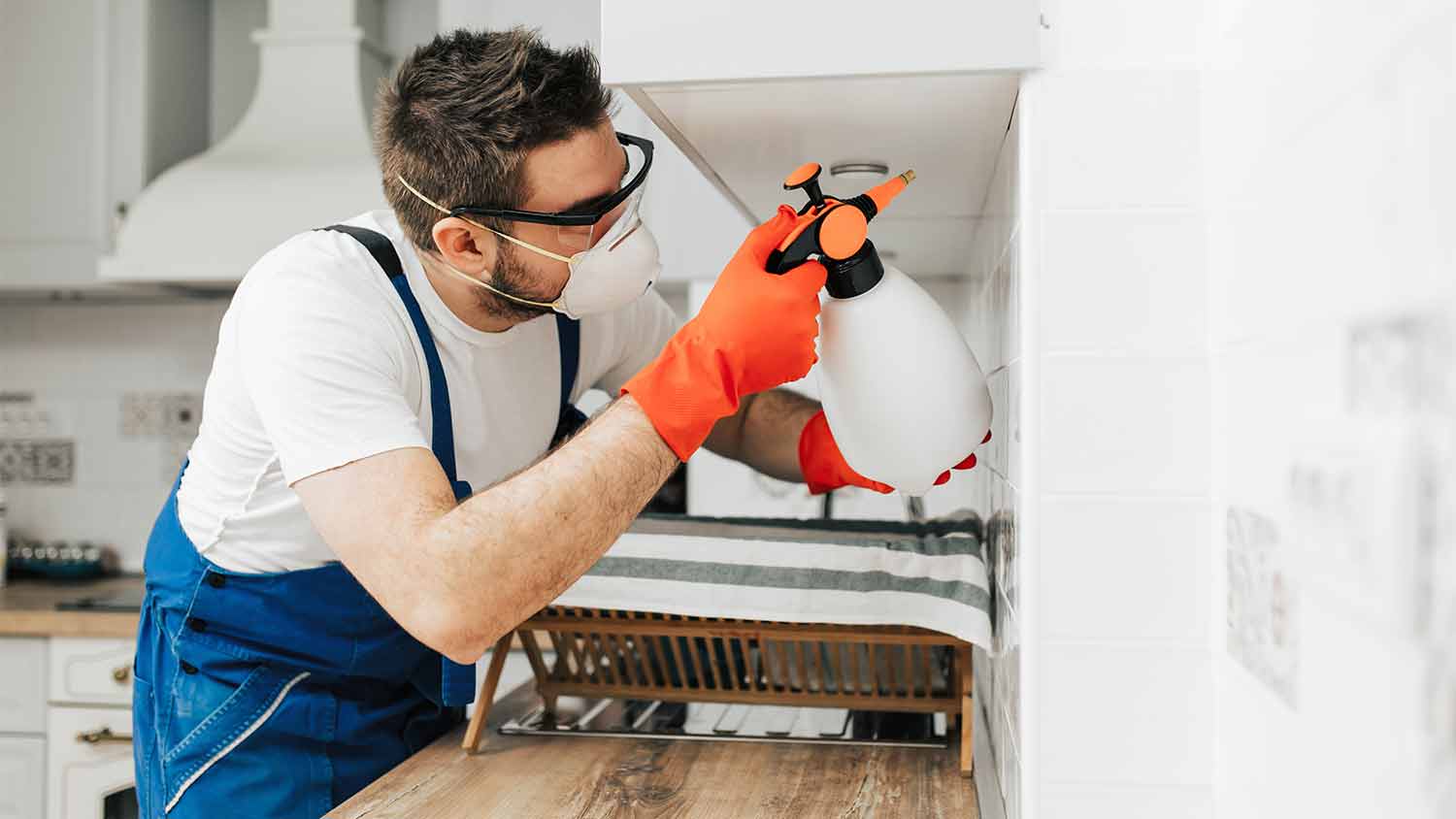 exterminator spraying in kitchen