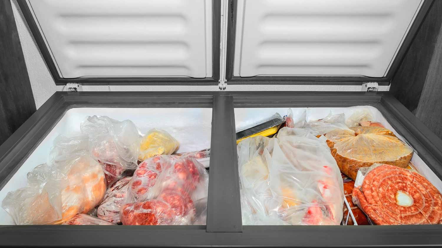 Frozen meat and other foods in a horizontal freezer 