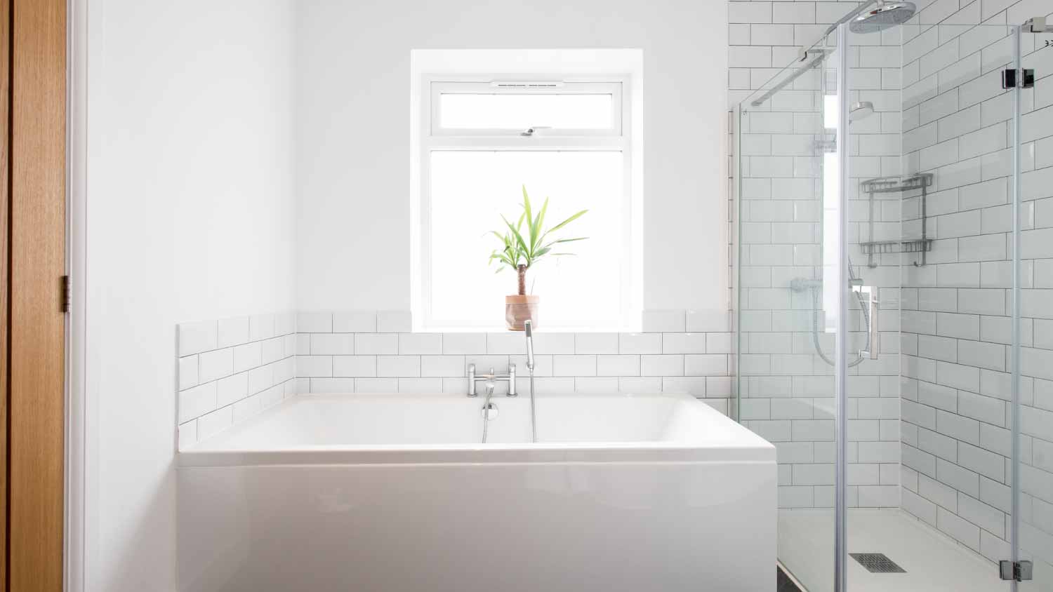 A general interior view of a white bathroom 