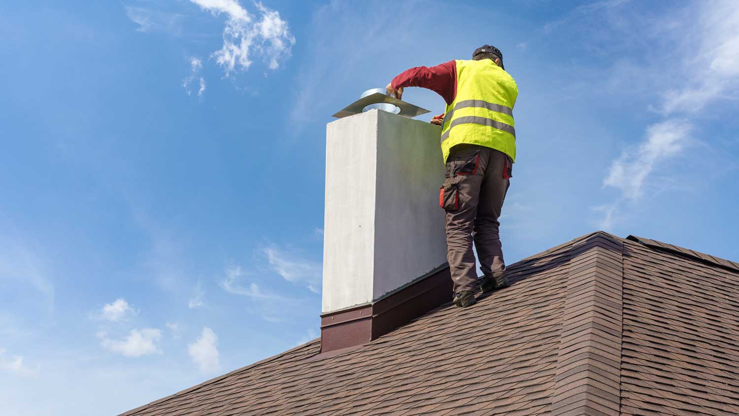 man wearing protective gear inspecting chimney