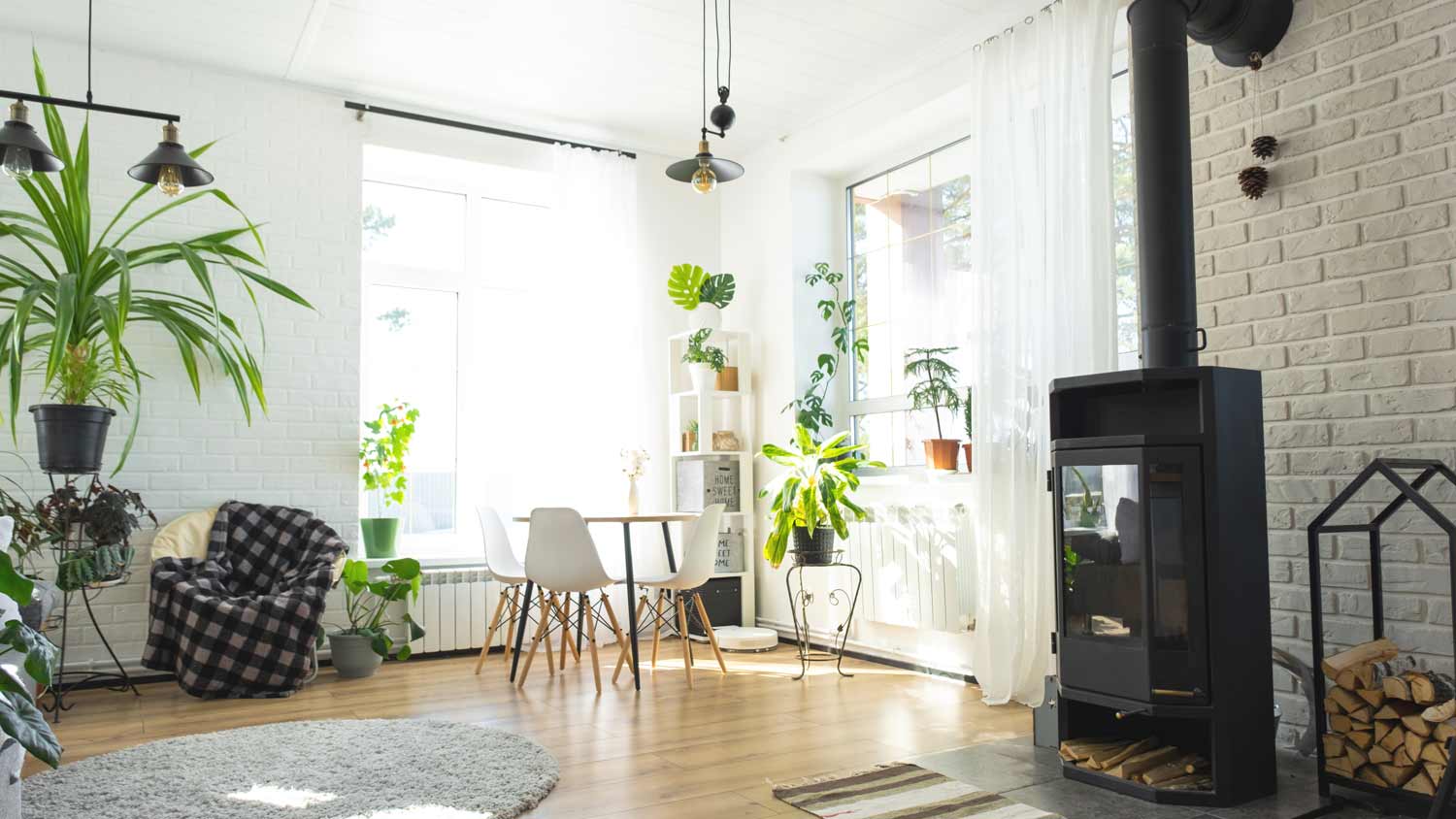 living room with plants and pellet stove