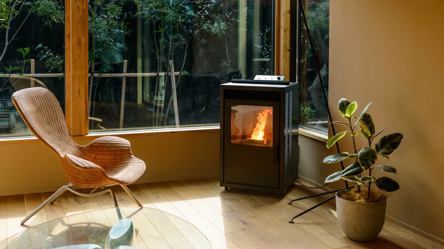 modern interior living room with pellet stove