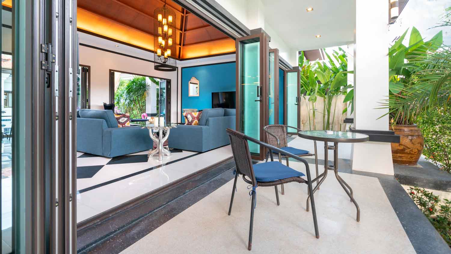 luxury home with folding patio doors
