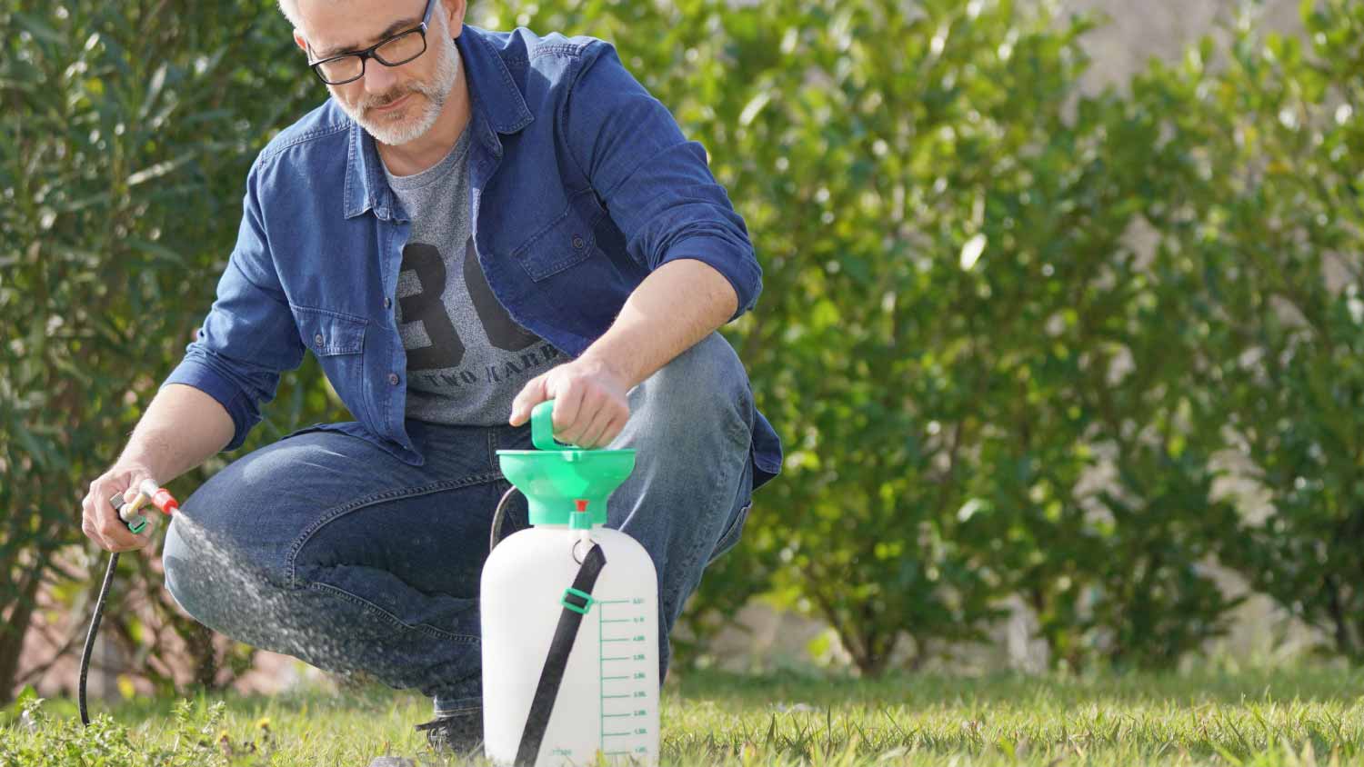 Man using garden sprayer in backyard