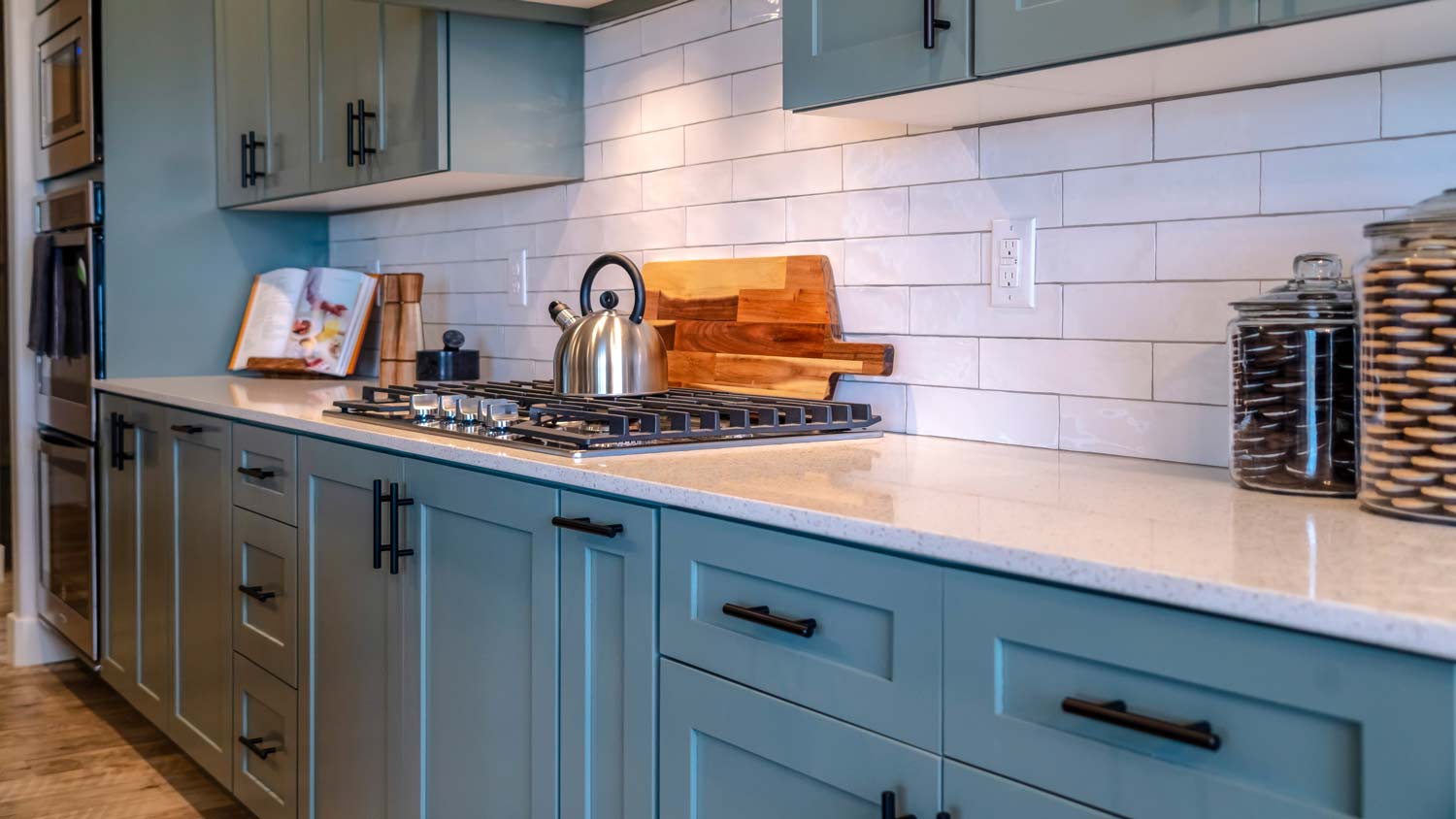 teal colored kitchen cabinets