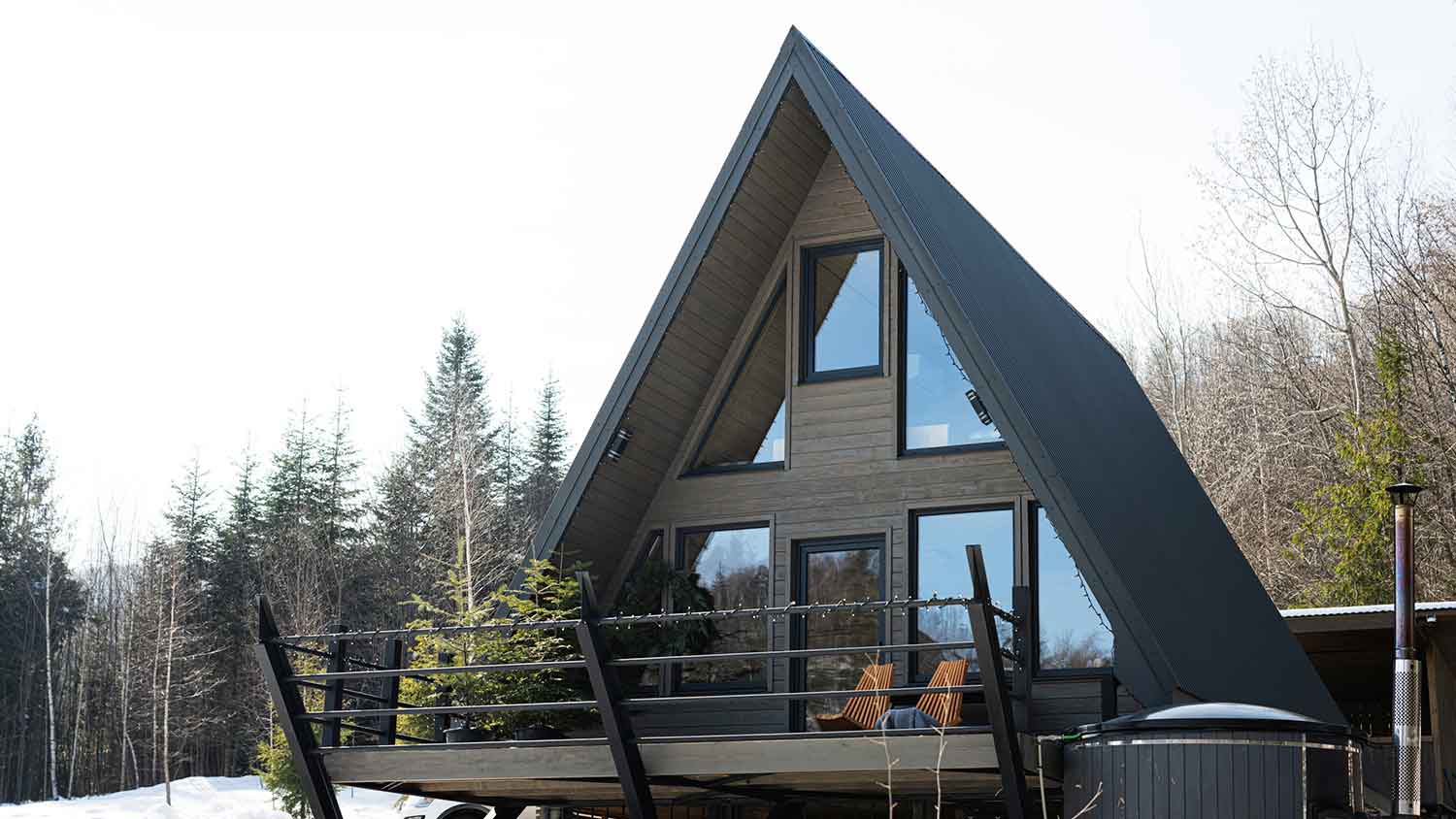 A-frame cabin with fiber cement siding