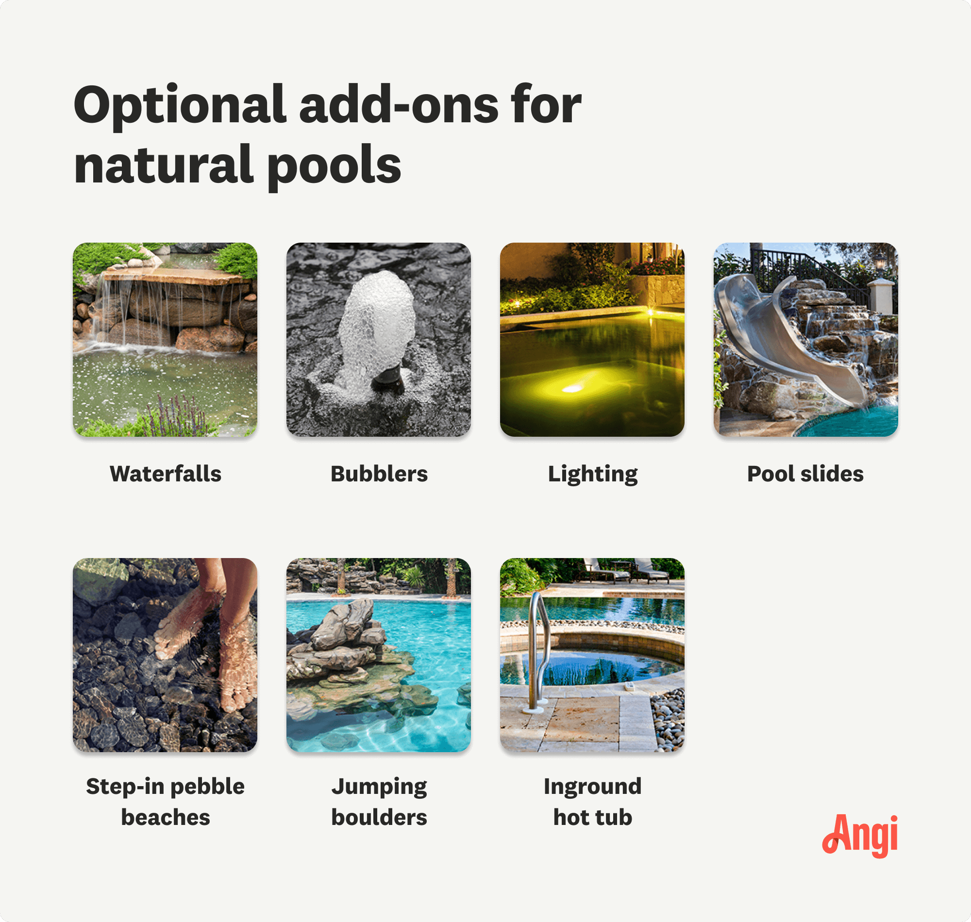 7 optional add-ons for natural pools, including waterfalls, slides, and jumping boulders