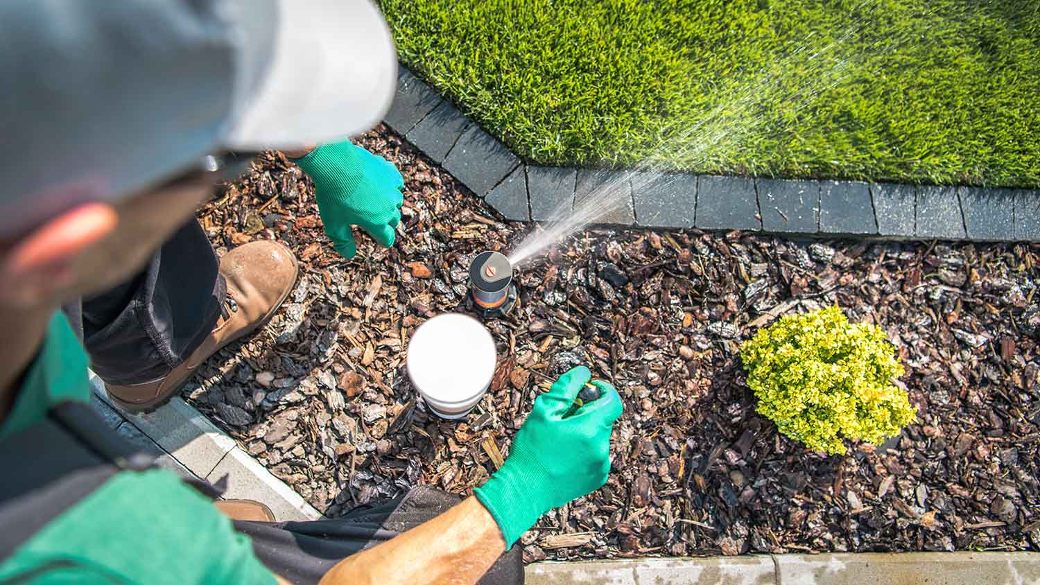 Lawn care worker adjusting sprinkler head  