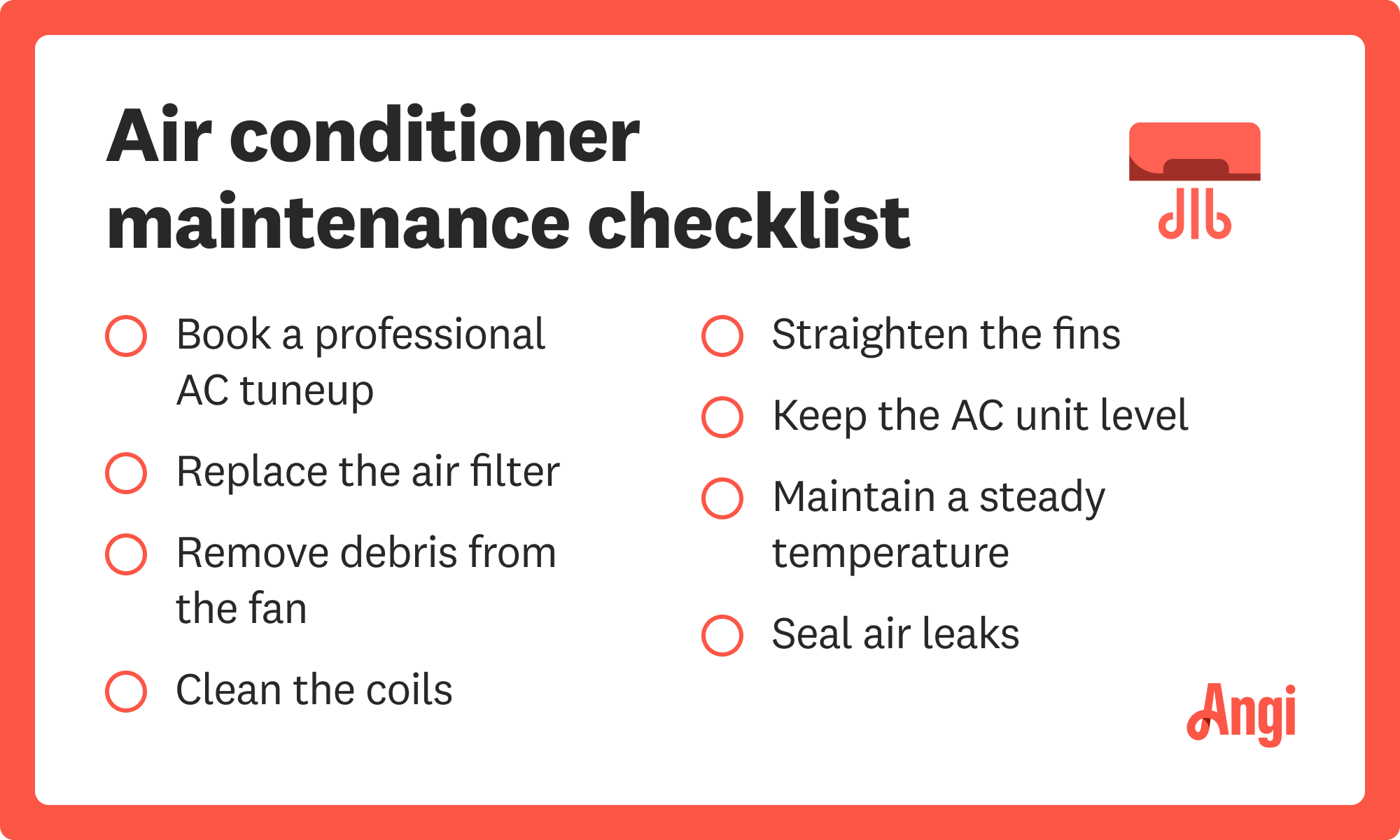 Air conditioner maintenance checklist, including booking a professional AC tuneup, cleaning the coils, and sealing air leaks