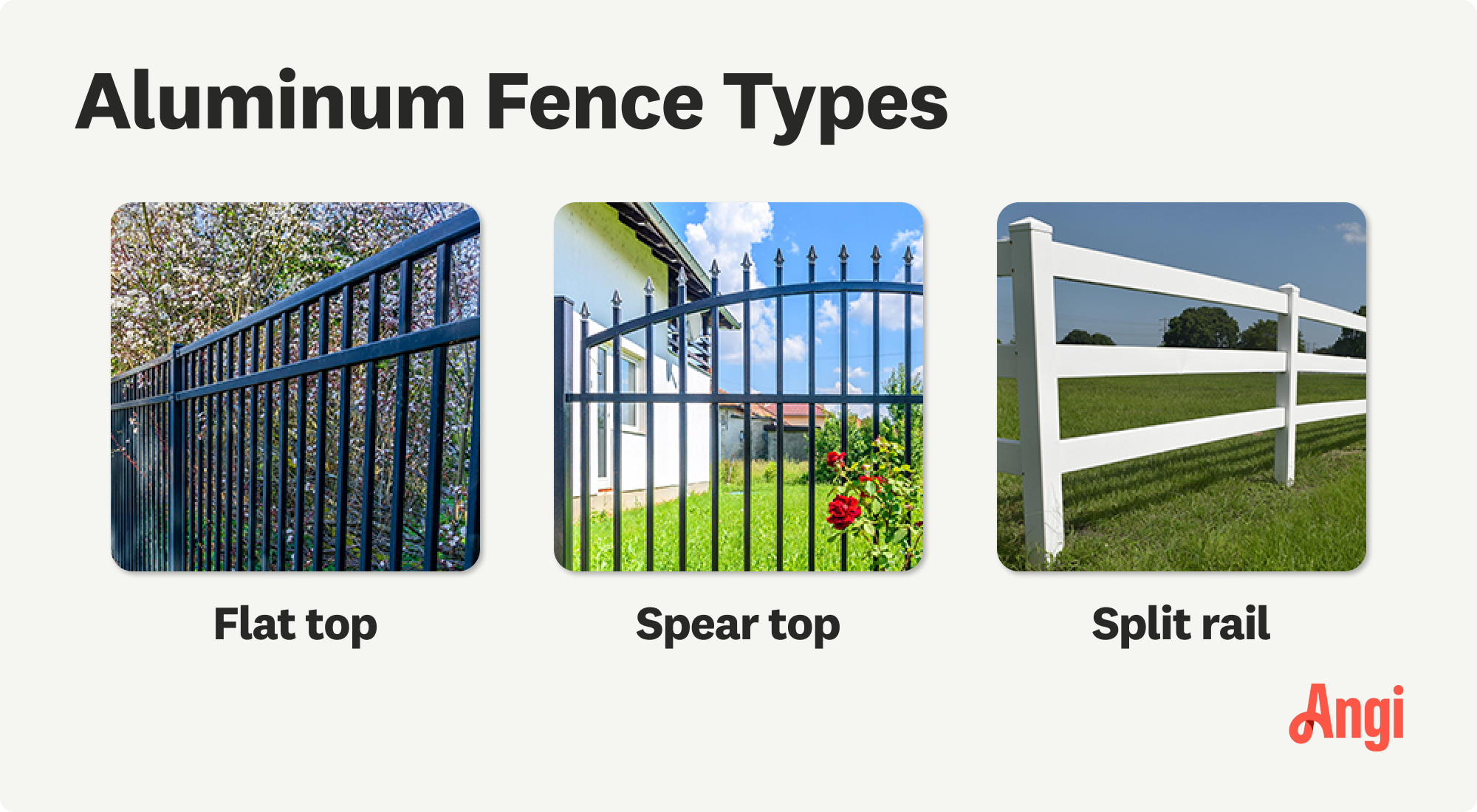 3 aluminum fence types compared visually, including flat top, spear top, and split rail