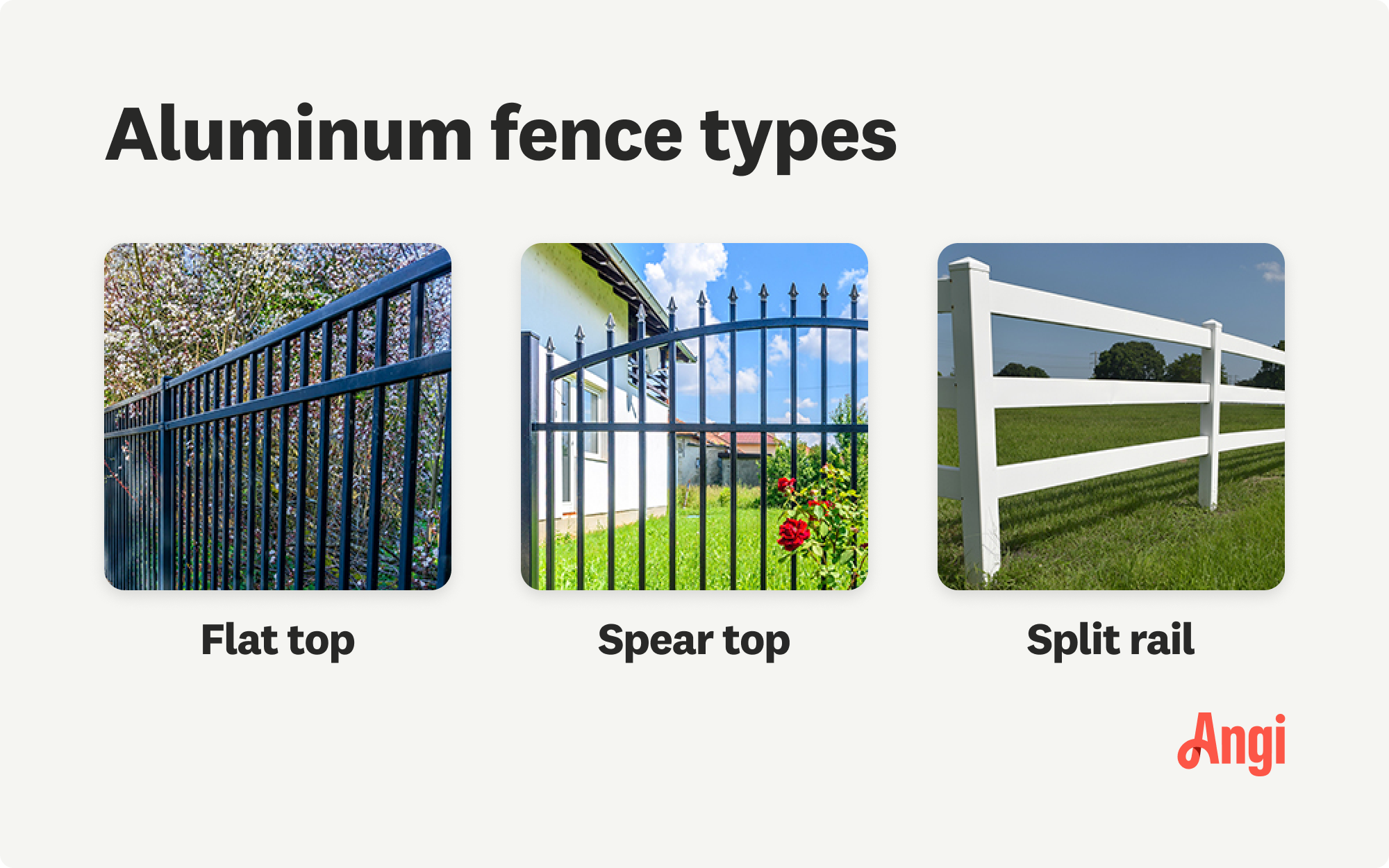 3 aluminum fence types compared visually, including flat top, spear top, and split rail