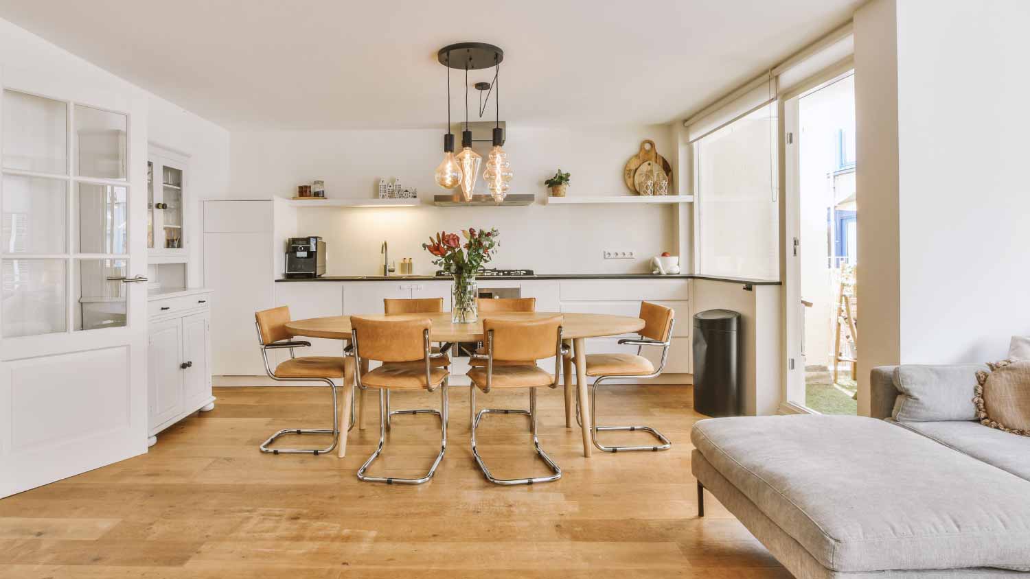 Apartment interior with wooden furniture