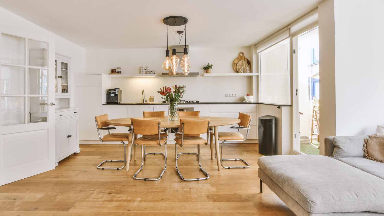 Apartment interior with wooden furniture 