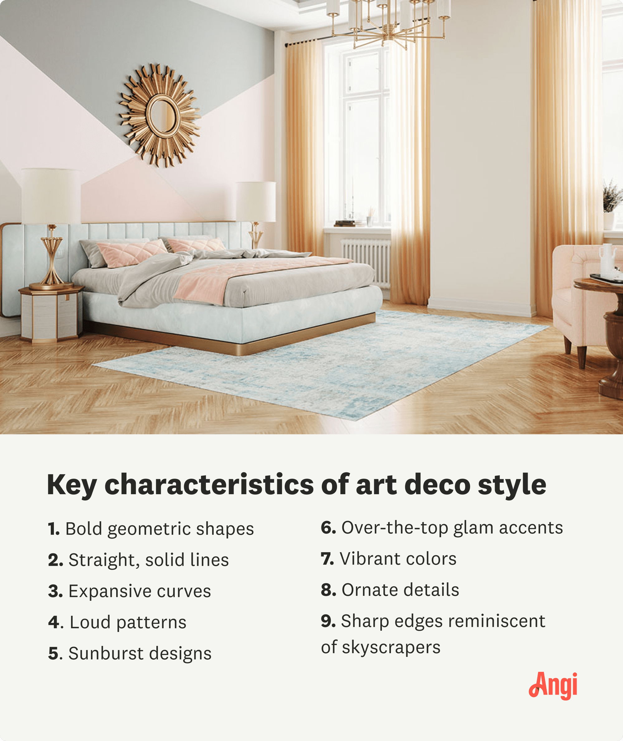 8 key characteristics of art deco, including vibrant colors, ornate details and loud patterns