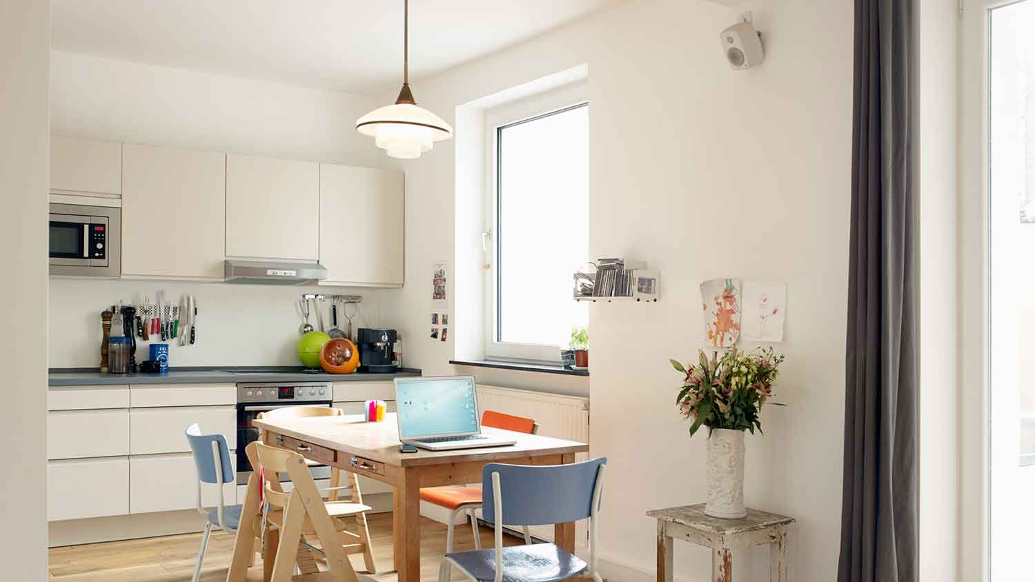 Kitchen interior with art-deco pendant light fixture