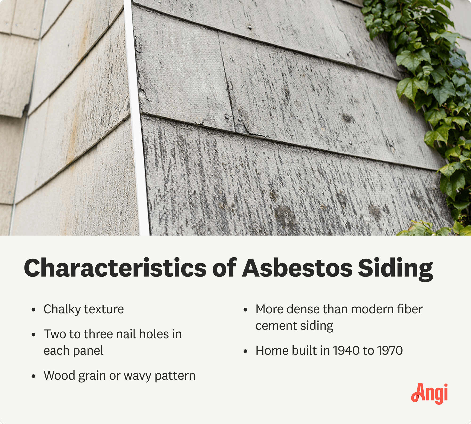 5 asbestos siding characteristics, including chalky texture and wood grain or wavy pattern