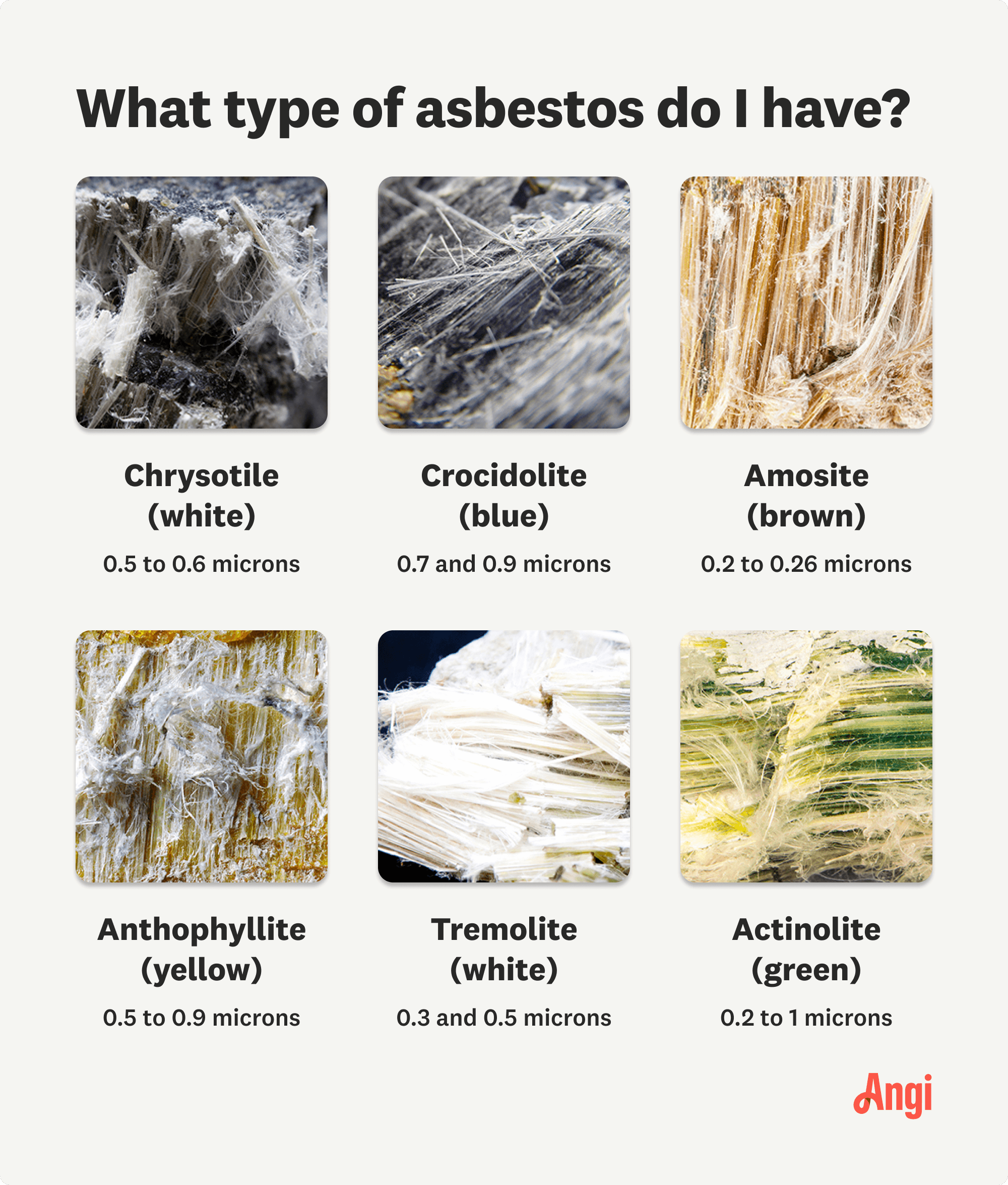 6 asbestos types compared visually, with chrysotile being white and amosite being brown