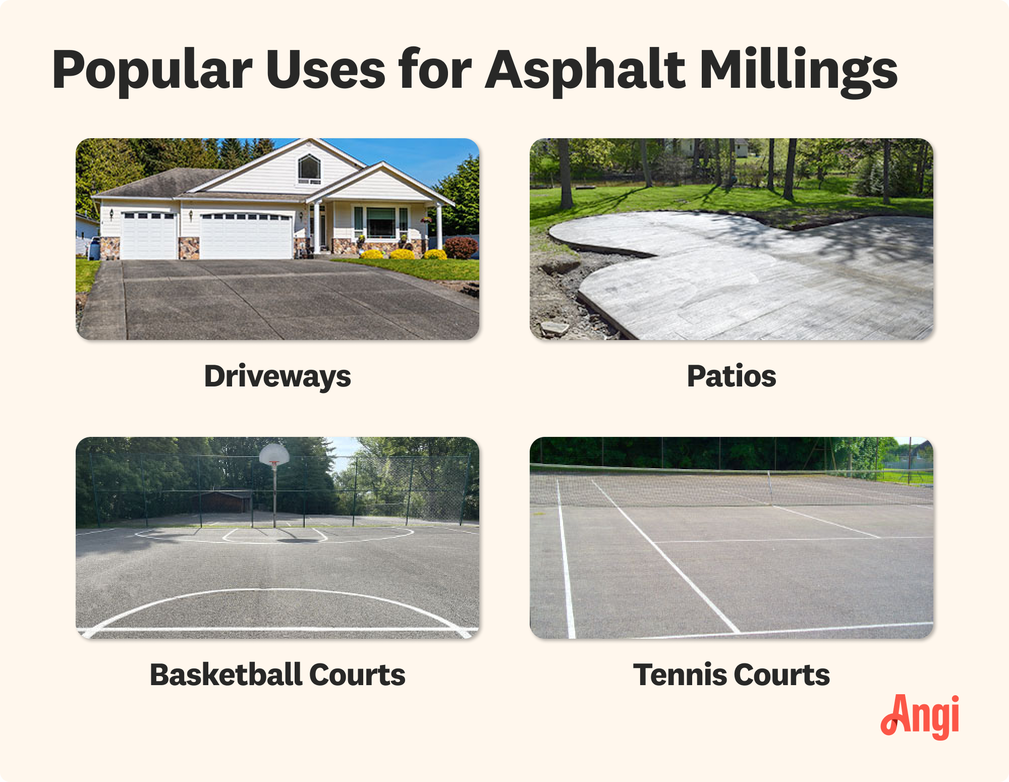 4 uses for asphalt millings compared visually, including driveways, patios, and basketball courts