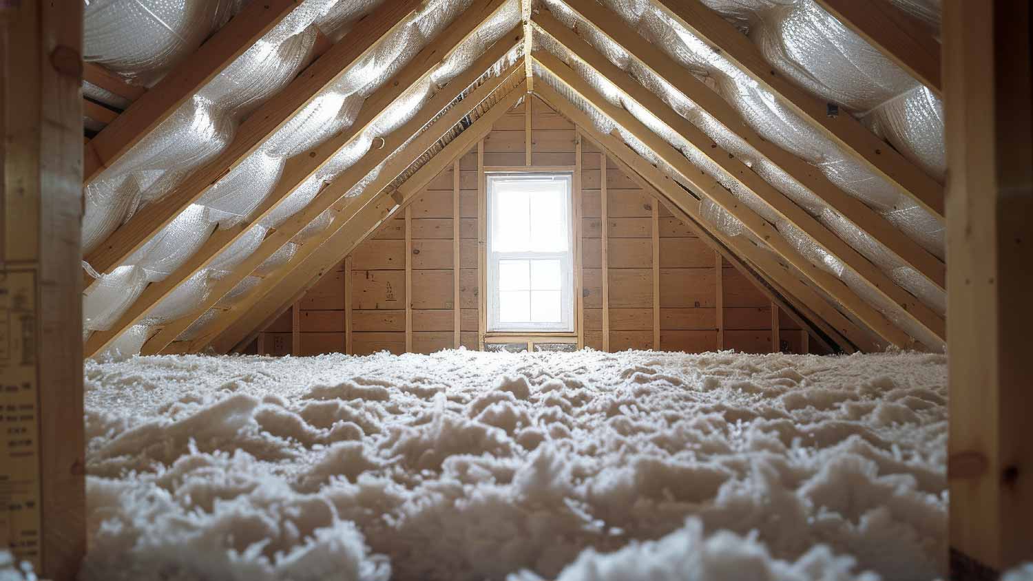 An attic insulated with blown-in insulation