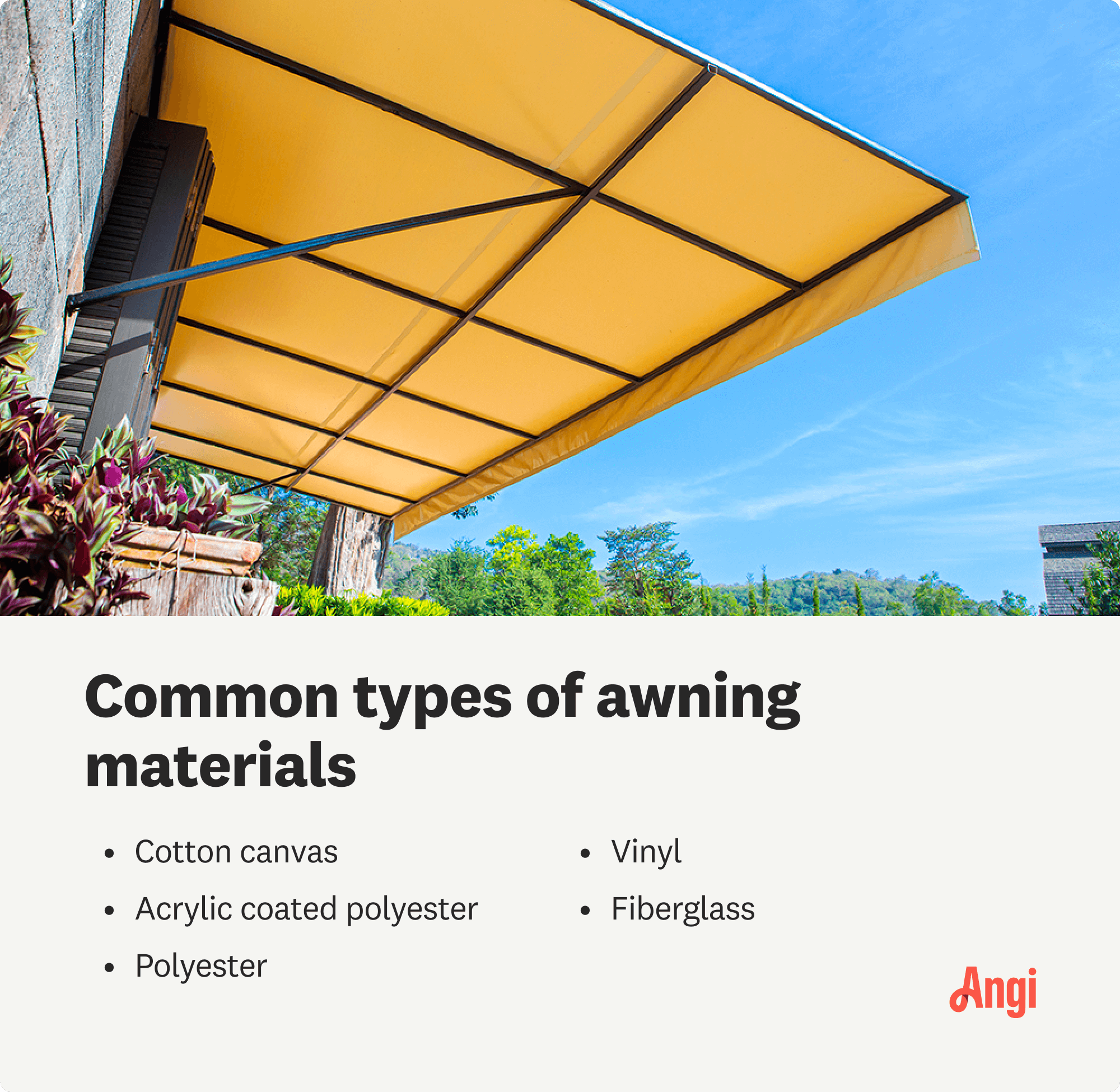 5 common awning material types, including cotton canvas, polyester, and vinyl