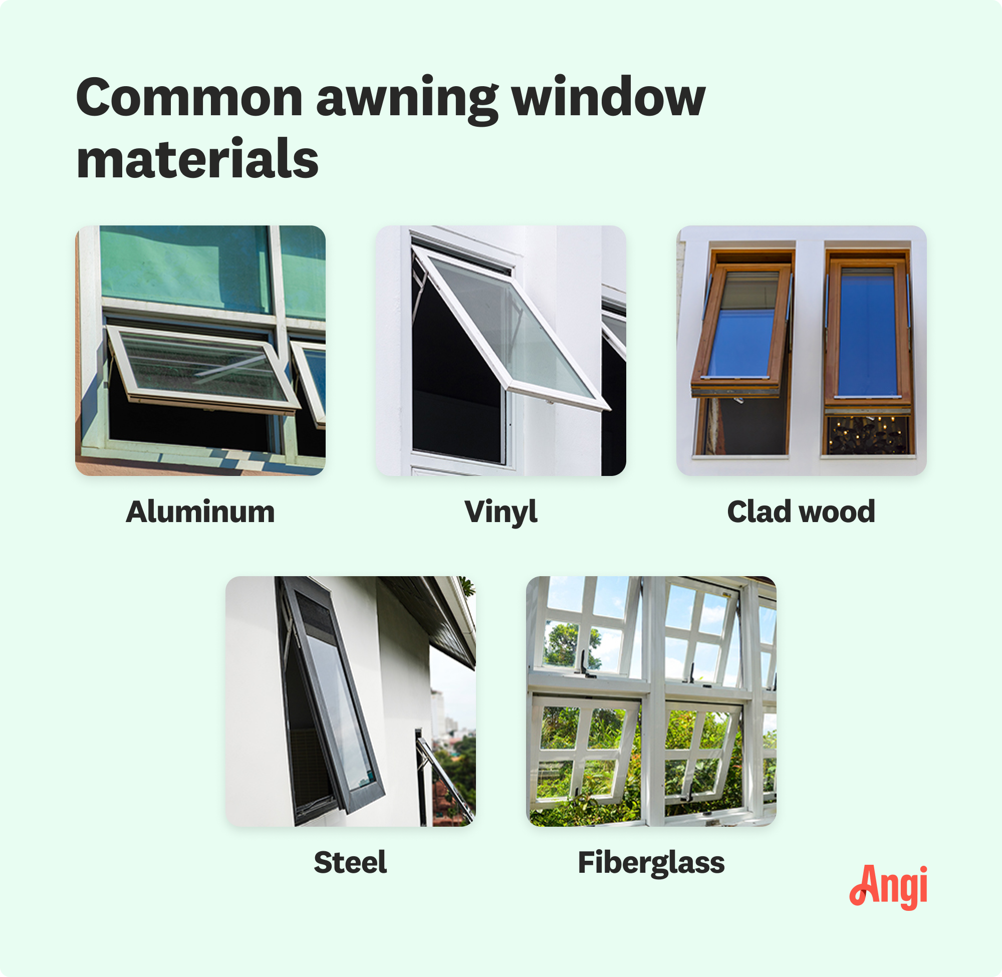 5 common awning window materials compared visually, including aluminum, clad wood, and steel