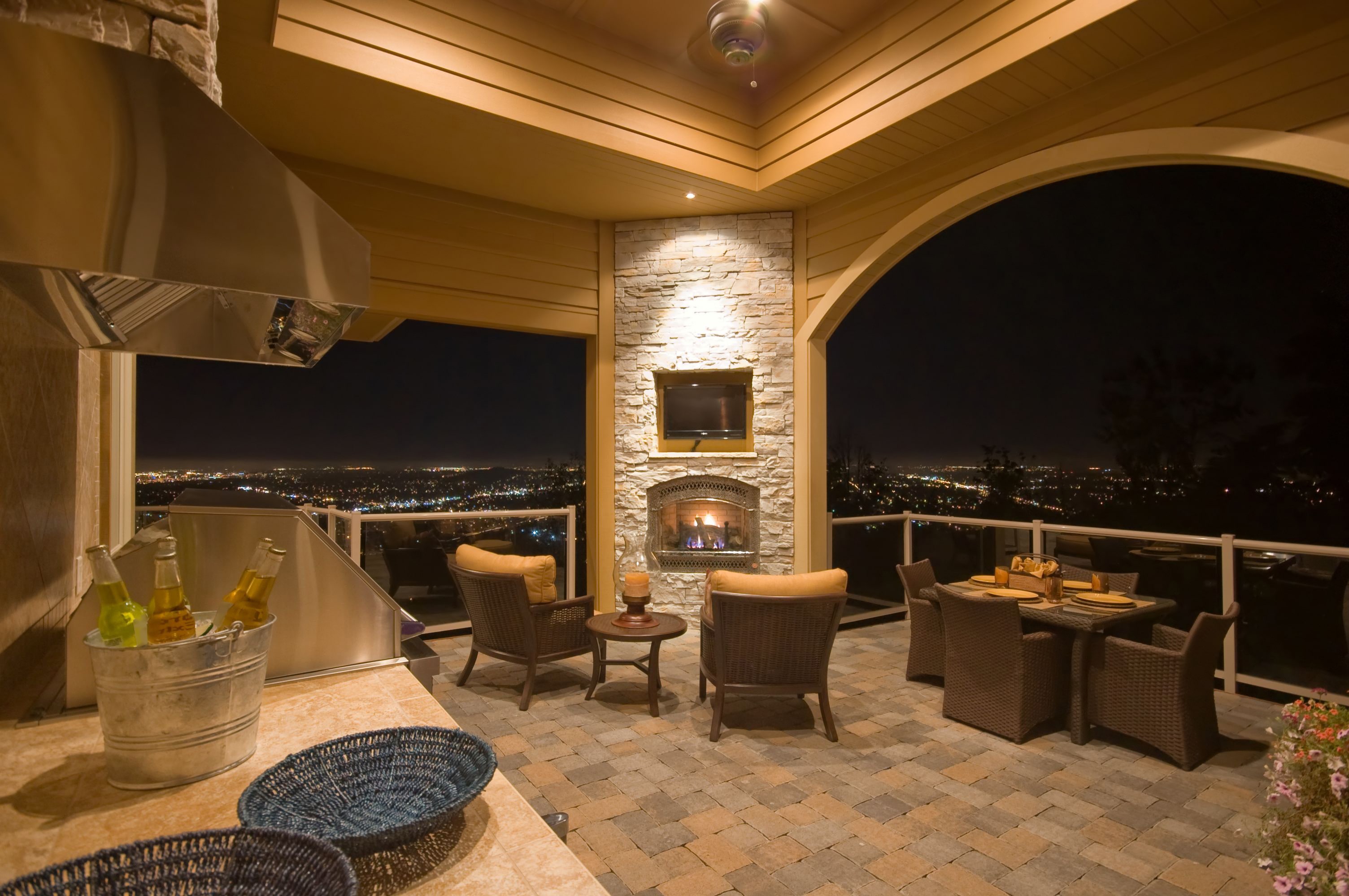 Large back porch with built-in fireplace