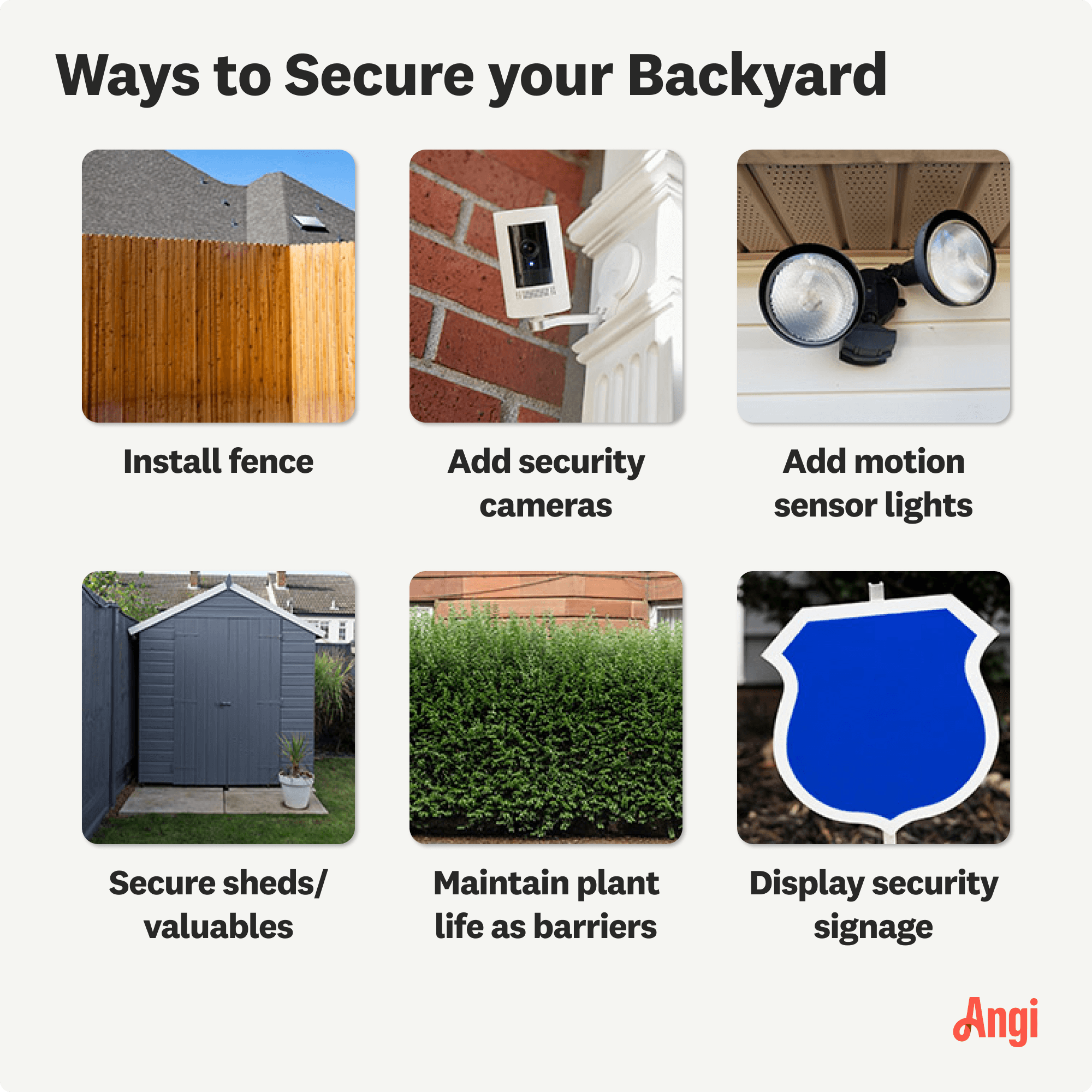 6 ways to secure your backyard compared visually, including adding security lighting, securing sheds, and displaying security signage