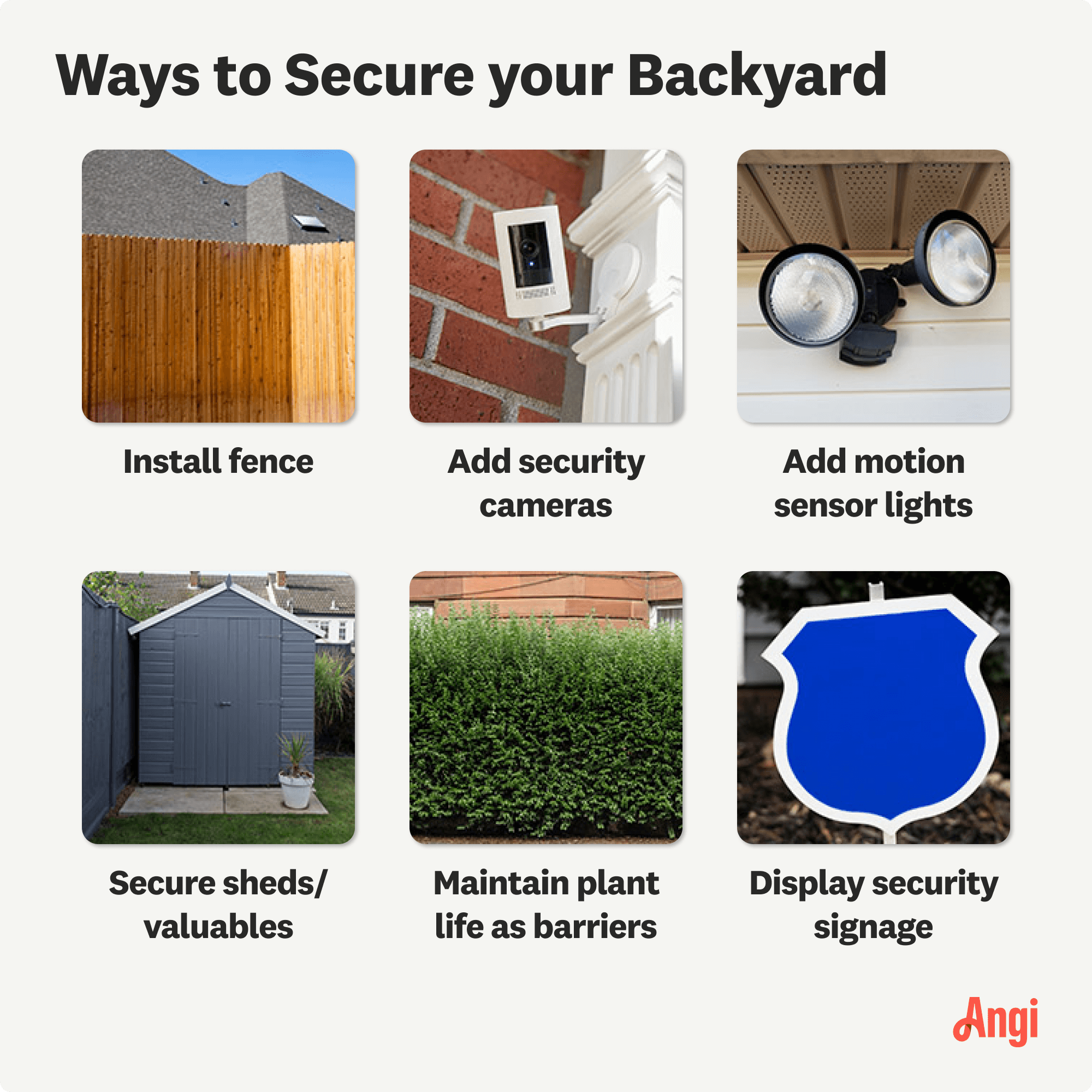 6 ways to secure your backyard compared visually, including adding security lighting, securing sheds, and displaying security signage 