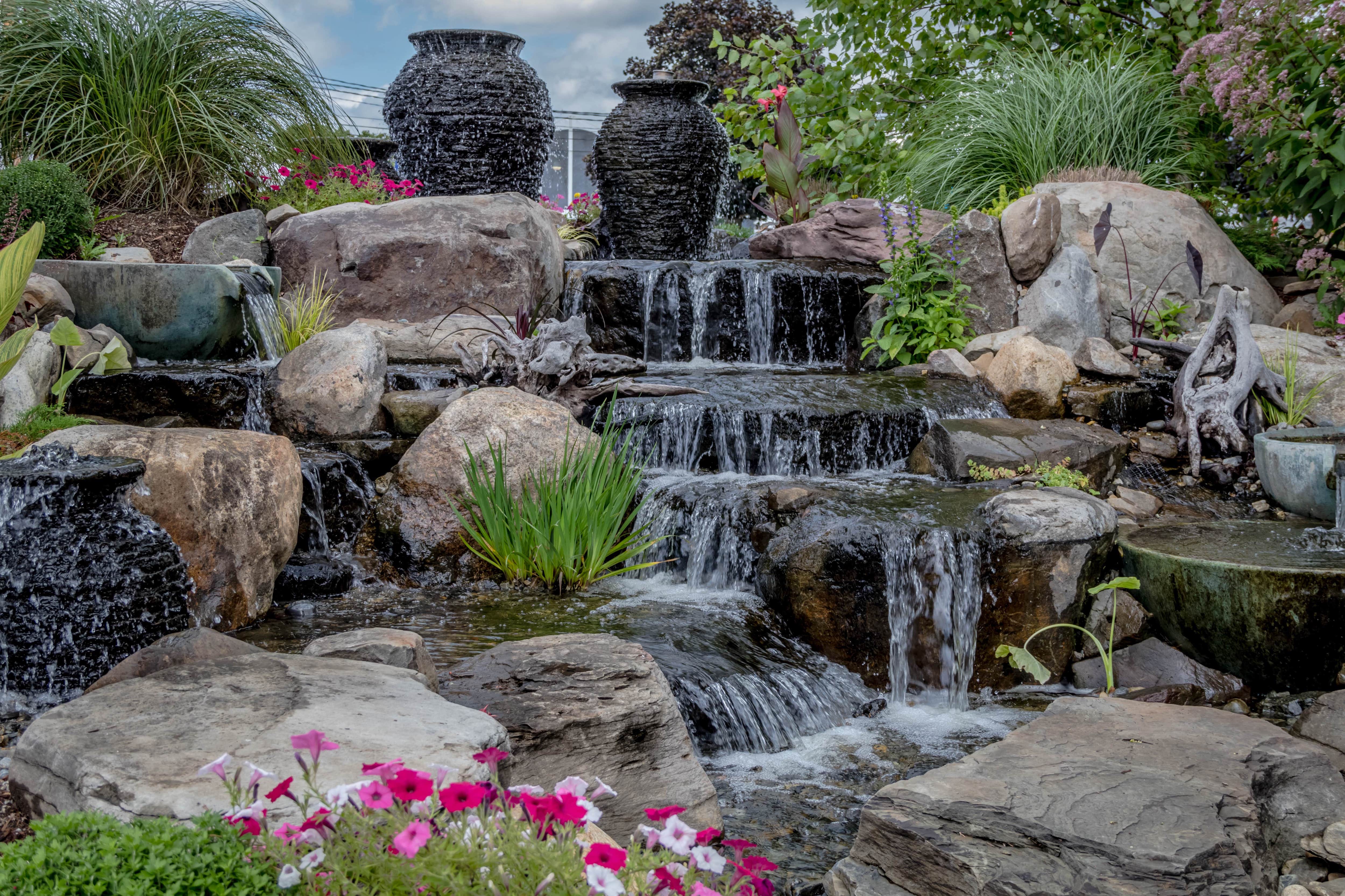 Rock waterfall in backyard