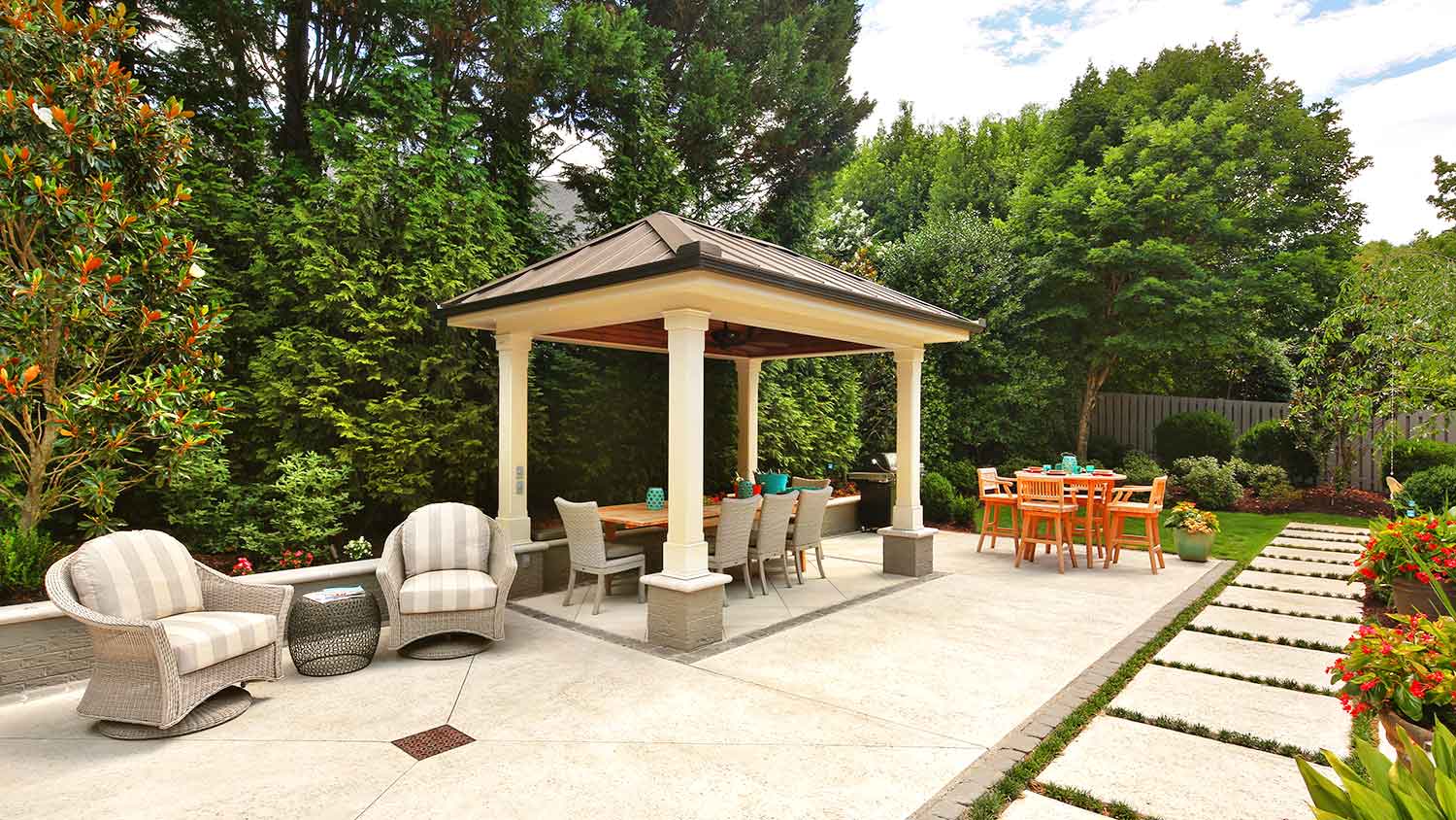 Backyard with gazebo and dining table