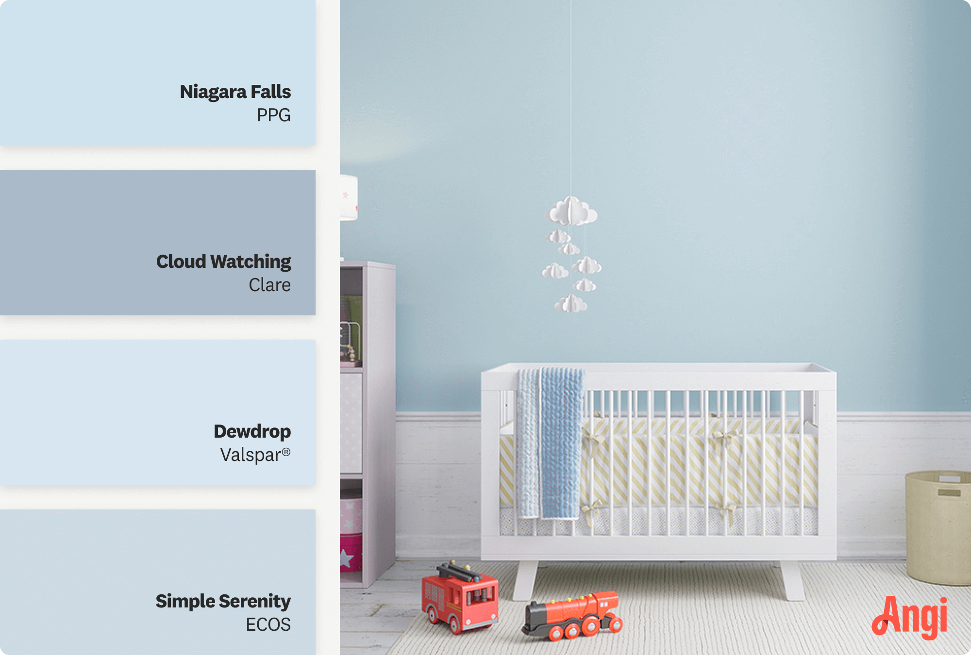 Blue nursery with white crib, including different tones of balanced blue paint