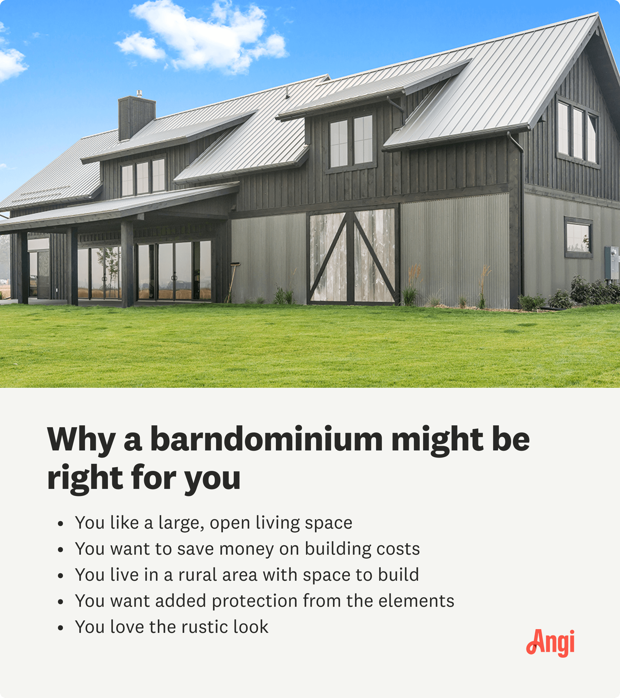 5 reasons why a barndominium might be right for you, including liking an open living space and the rustic look