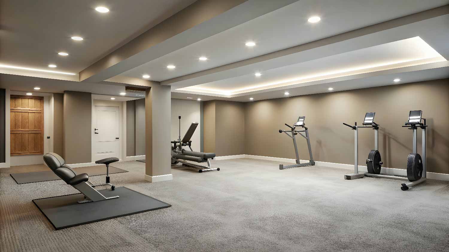 A basement with a carpet turned into a gym