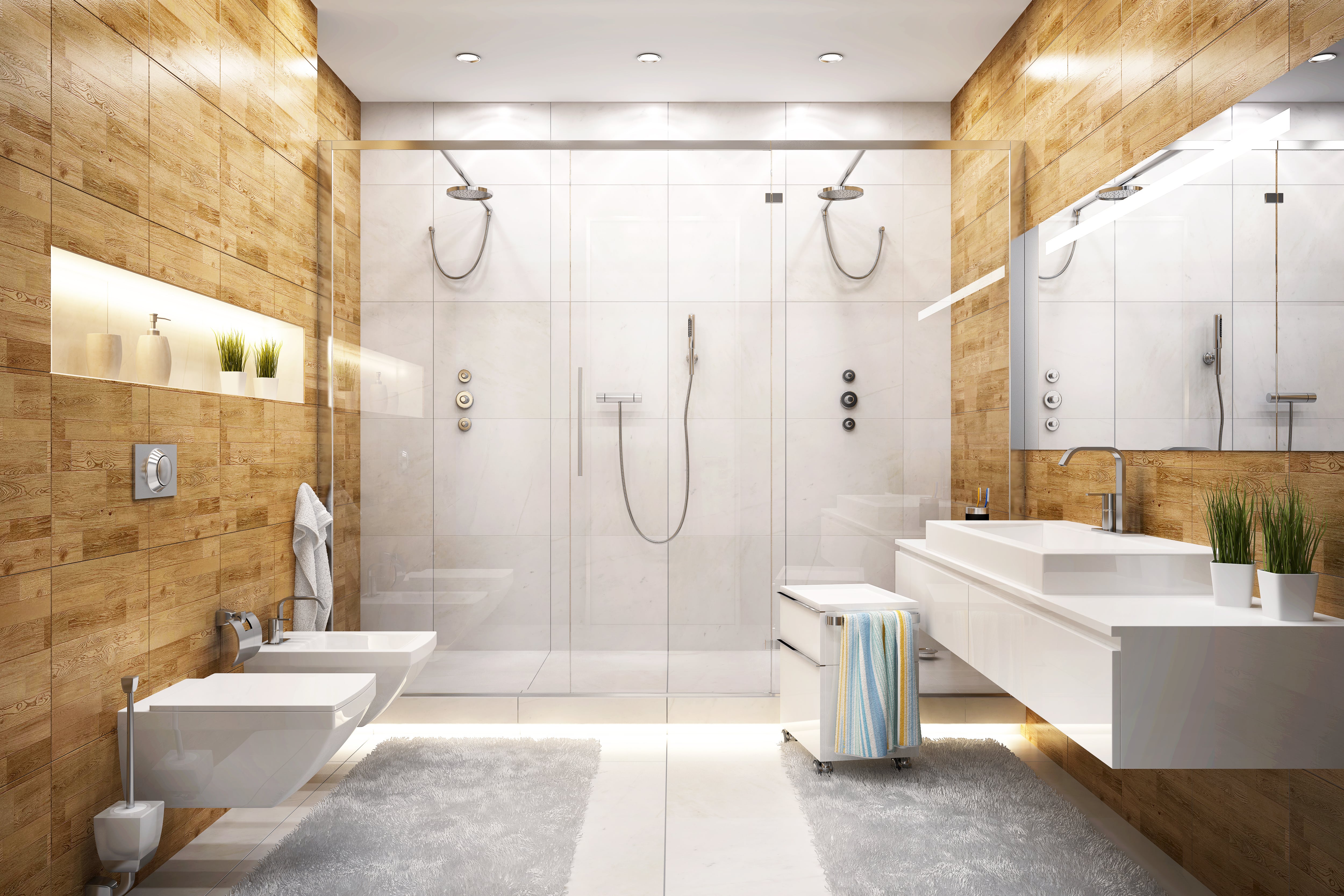 Large modern bathroom with wood plank backsplash, white floating vanity, and double shower