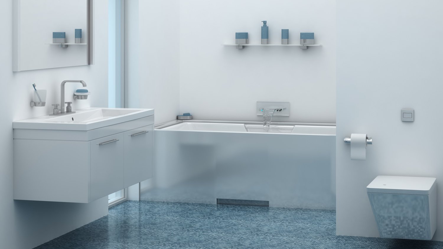 A bathroom interior with blue linoleum flooring