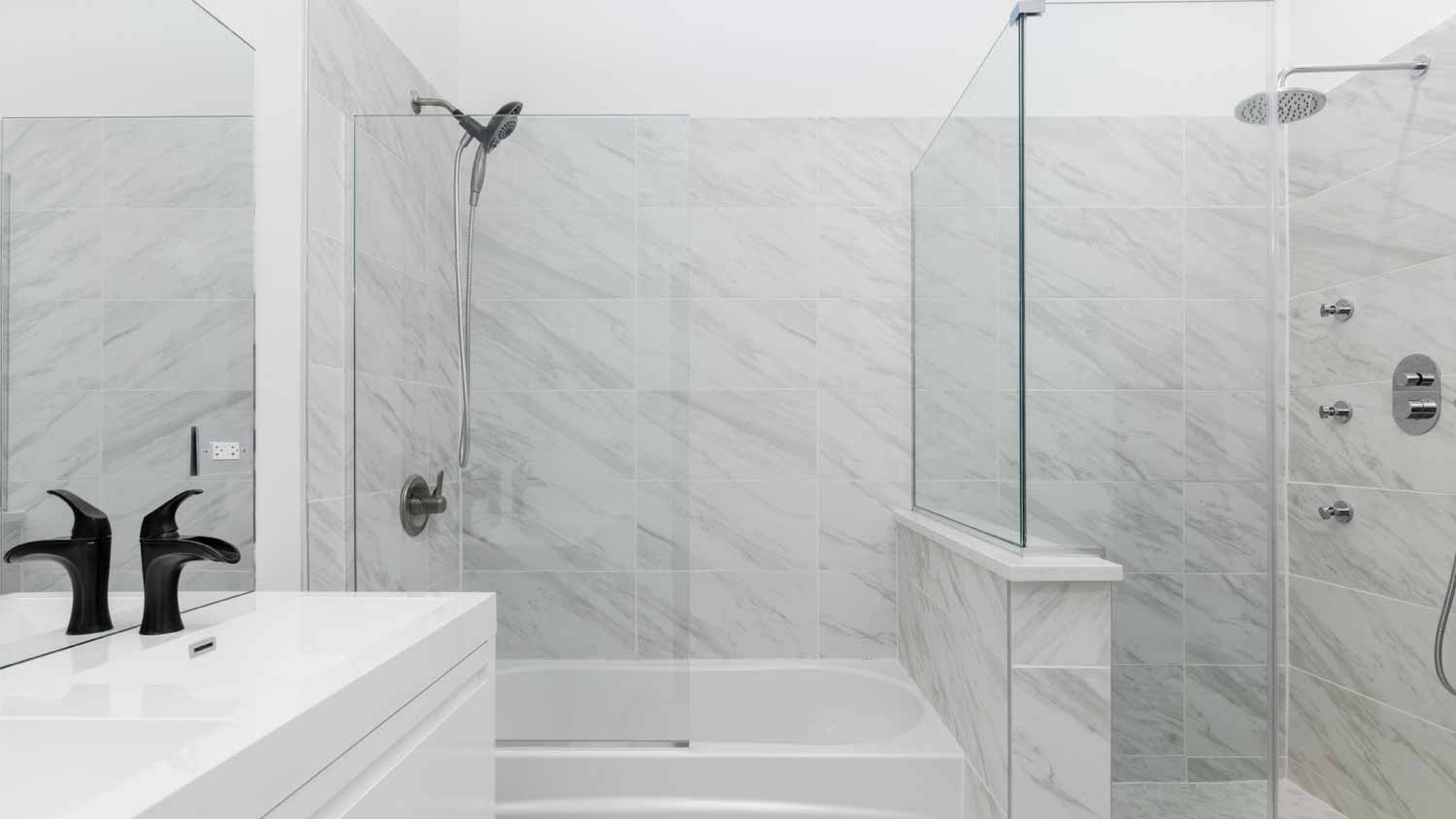 Bathroom with marble walls in the shower
